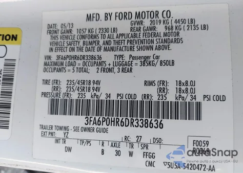 2013 Ford Fusion Se z USA, uszkodzony, nr VIN 3FA6P0HR6DR338636